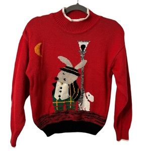 Vintage 90s Dapper Bunny Rabbit Dog Lamppost Moon Red Juniors Sweater Fashion S